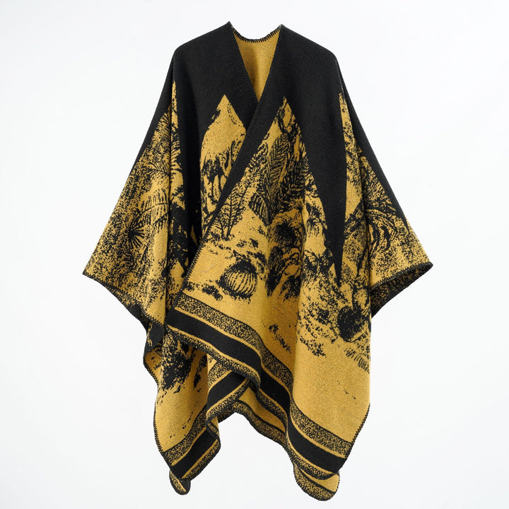 Damen Capeponcho aus Wollmix mit zweifarbiger Jacquardstruktur und Zierstichrand – Montévia