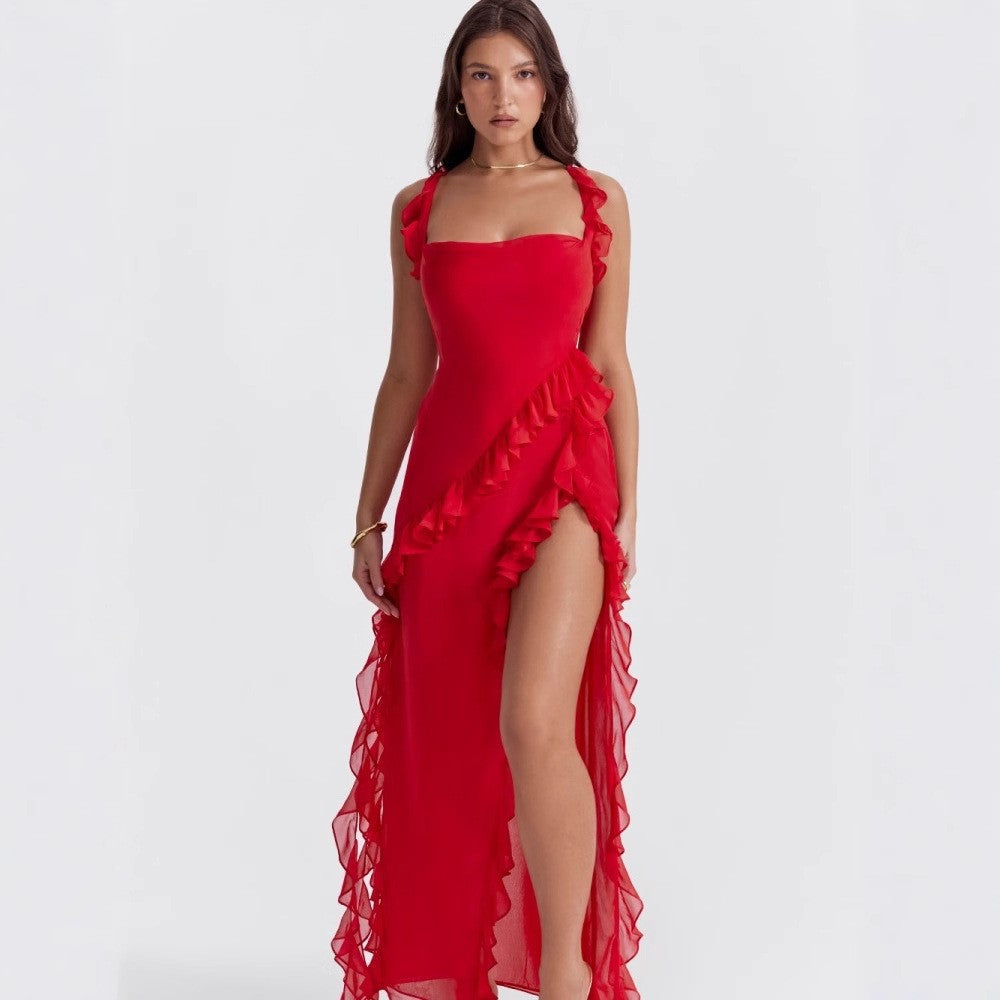 Damen asymmetrisches Maxi-Kleid mit Rüschendetails und hohem Schlitz Echo Archiv