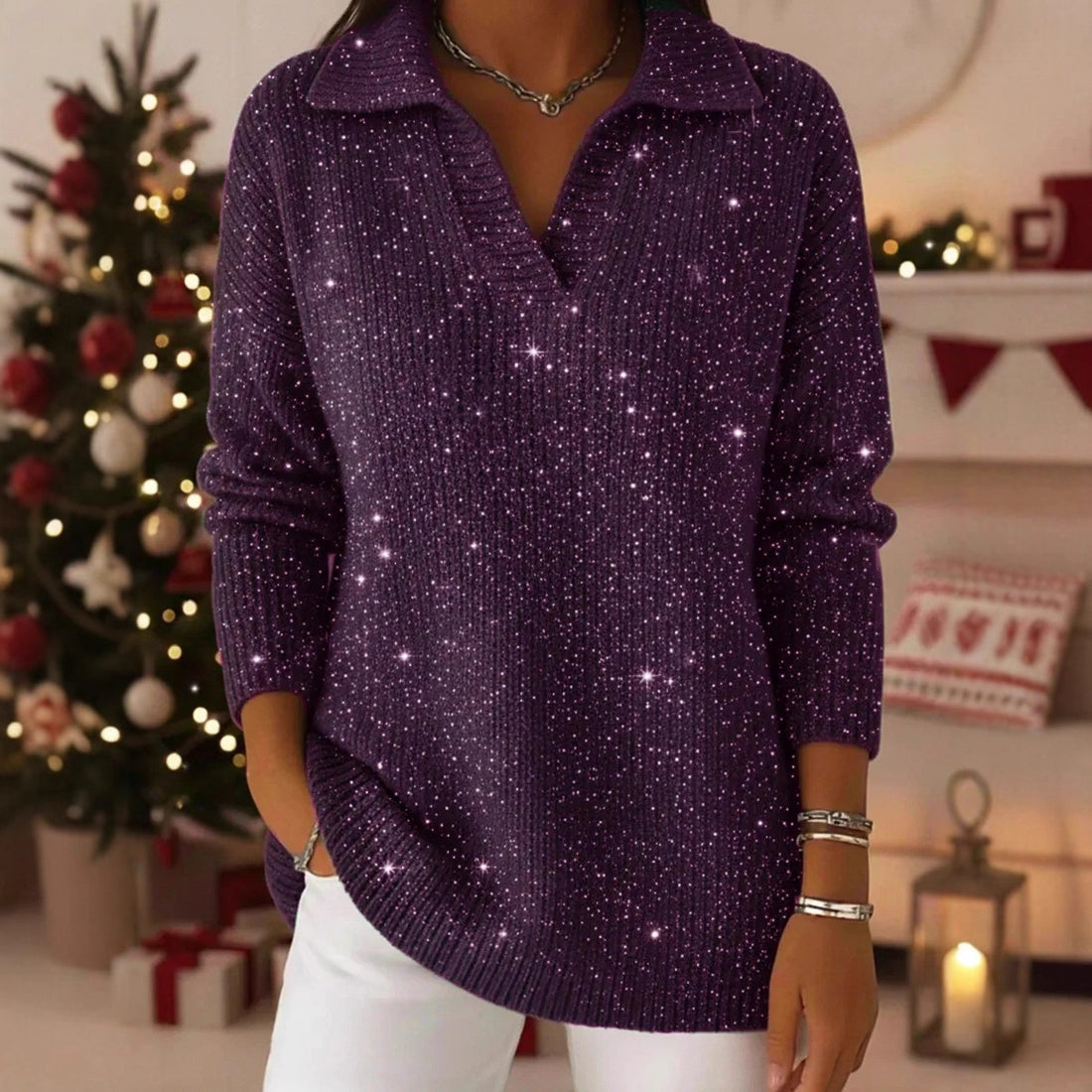 Damen Eleganter V-Pullover mit glänzenden Akzenten – Mavelle