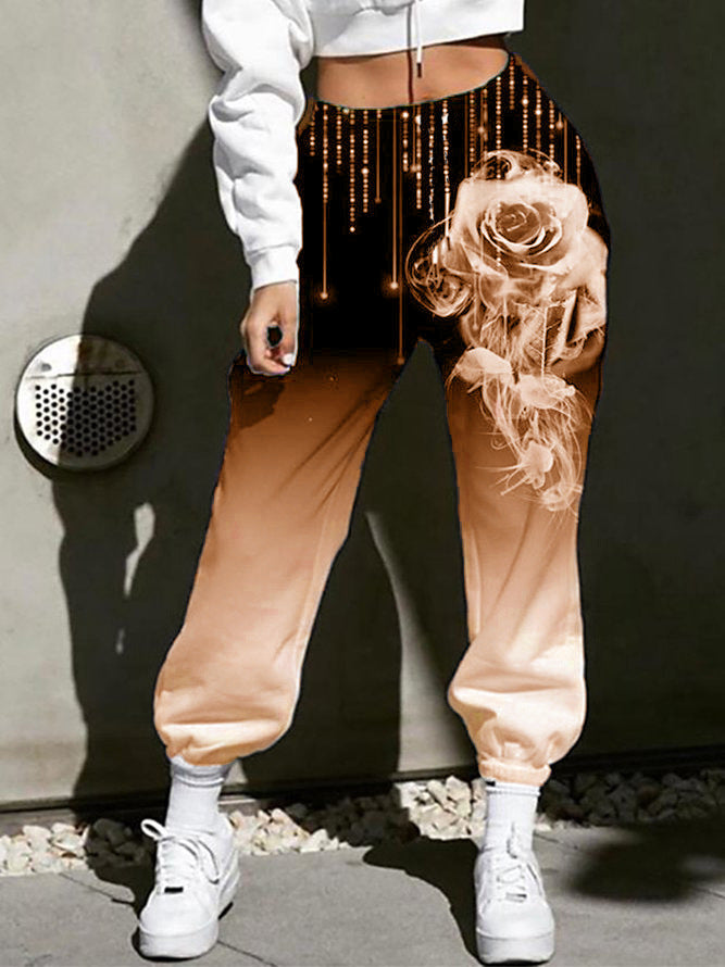 Damen Hohe Taille Jogginghosen mit Ombre-Gradient, Smoke Rose Druck und Elastischen Bündchen – Avélisse