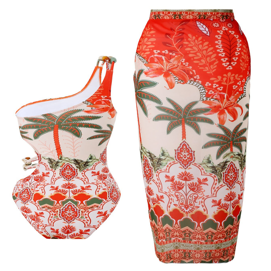 Damen Einteiler Badeanzug mit modischem Cut-Out und passendem Strandrock Echo Archiv
