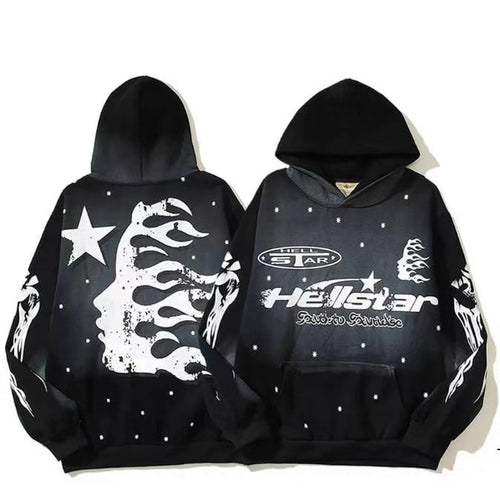 Unisex nan Oversize Kapuzenpullover mit großflächigem Flame- und Sternprint sowie Kängurutasche Echo Archiv