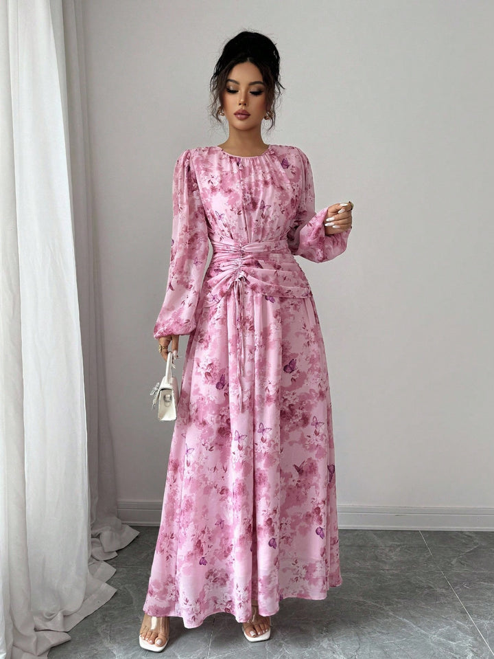 Damen Maxikleid mit floralem Schmetterlingsprint, geraffter Taillenpartie und langen Ballonärmeln Echo Archiv