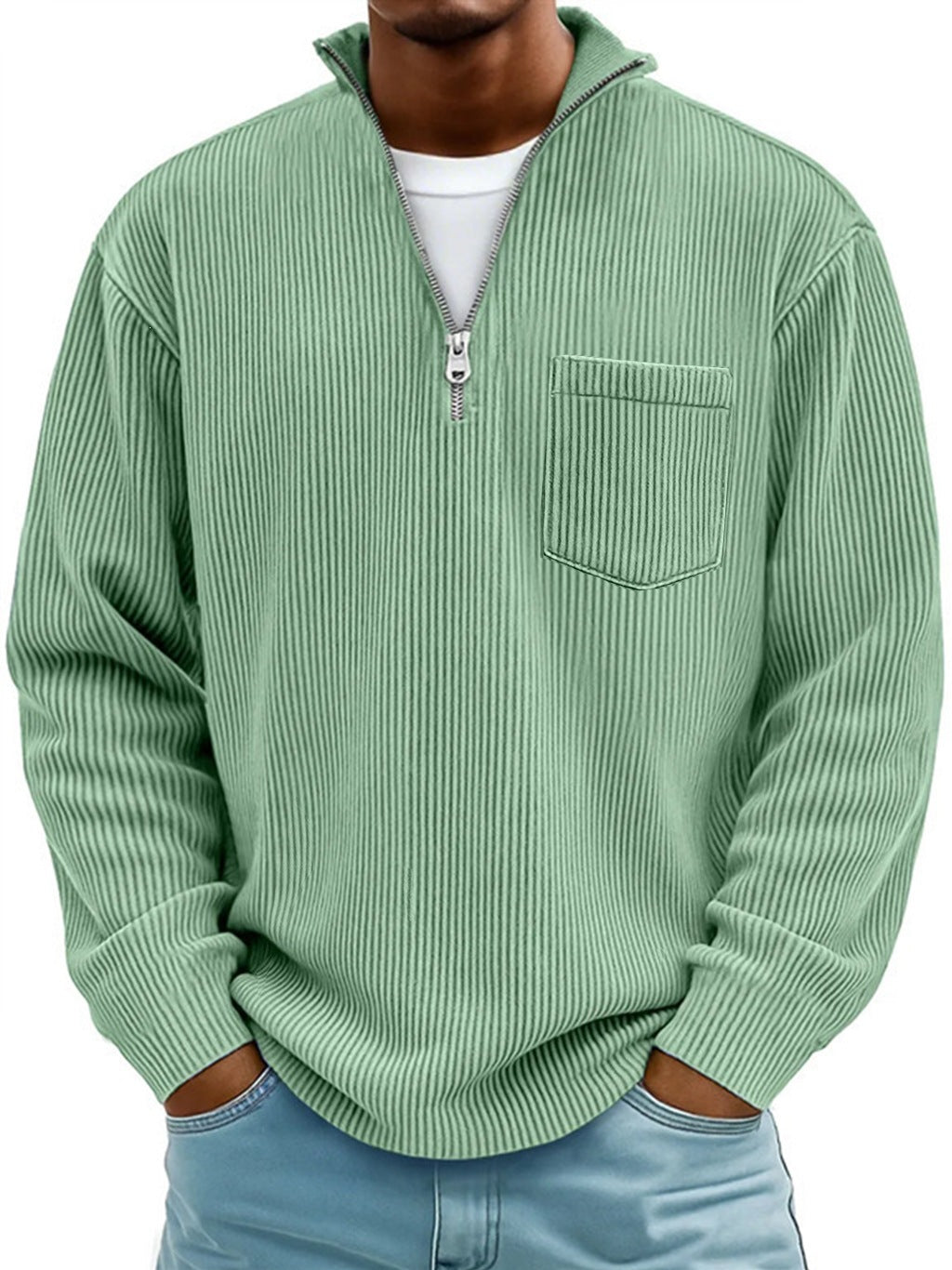 Herren Rippstrickpullover mit kurzem Reißverschluss und Brusttasche EB – Norvane