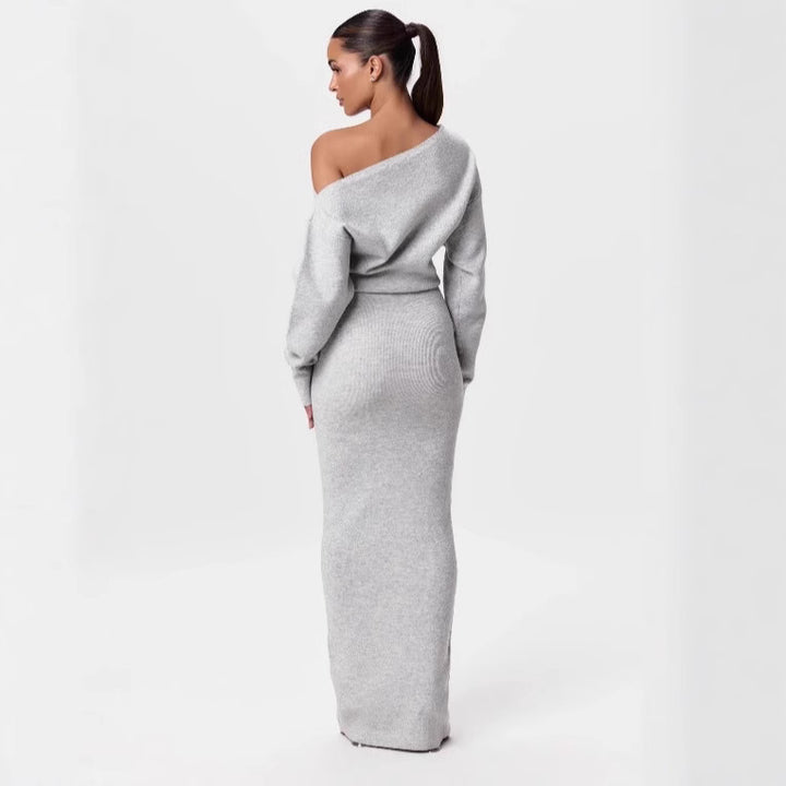 Damen One-Shoulder Maxi Strickkleid mit Übergroßen Ärmeln Echoarchiv