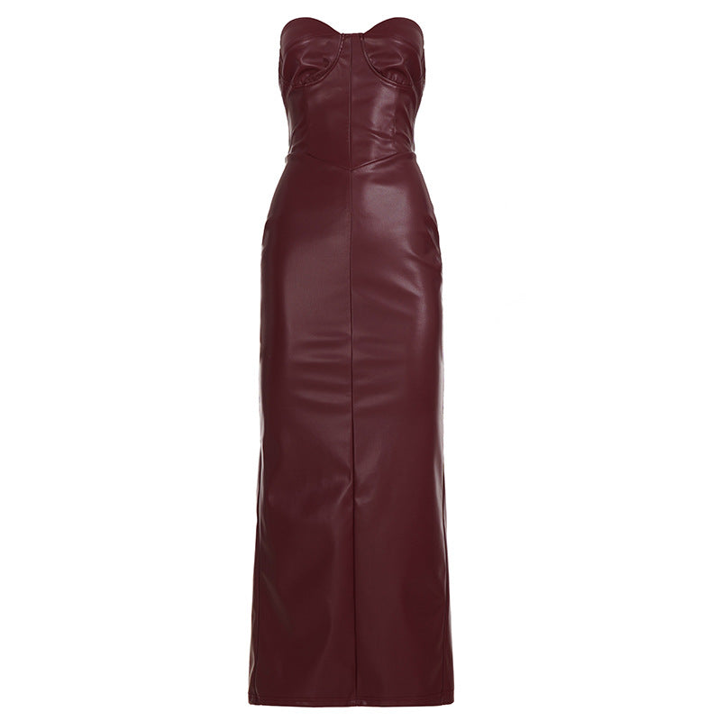 Damen figurbetontes Kunstlederkleid mit herzförmigem Ausschnitt und elegantem Schnitt Echo Archiv