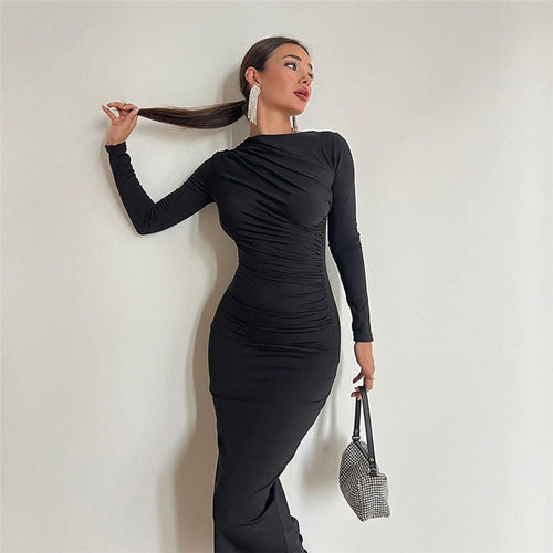Damen figurbetontes Maxikleid mit hohem Kragen und seitlicher Raffung Echo Archiv