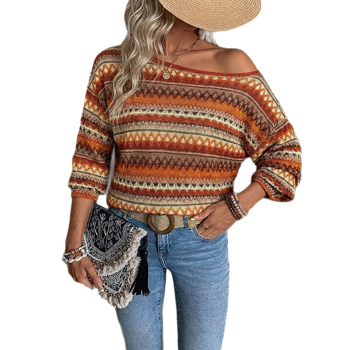 Damen Oversize Strickpullover mit asymmetrischem Schulterauschnitt und Norwegermuster – Mavelle
