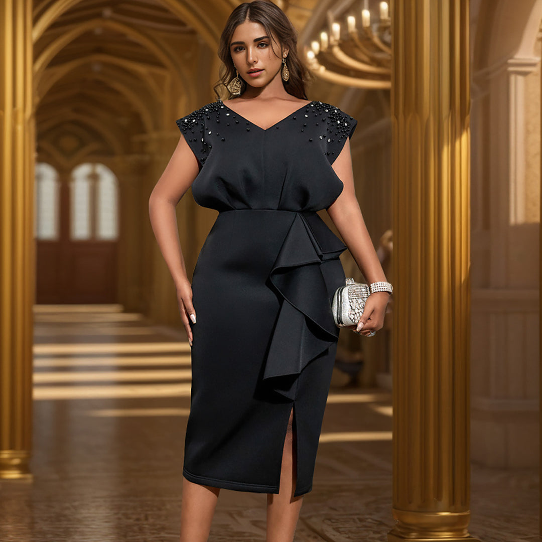 Damen elegantes Wickelkleid mit schimmernden Perlen und asymmetrischem Rüschensaum Echo Archiv