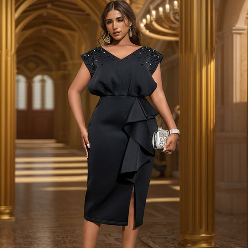 Damen elegantes Wickelkleid mit schimmernden Perlen und asymmetrischem Rüschensaum Echo Archiv