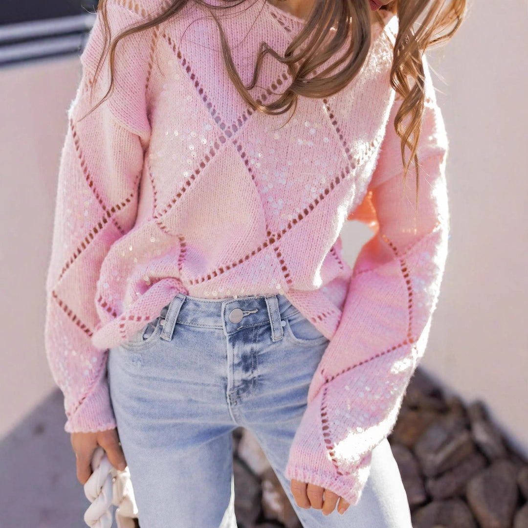 Damen Grobgestrickter Oversize-Pullover mit Ajour‑Rautenmuster und Pailletten – Mavelle