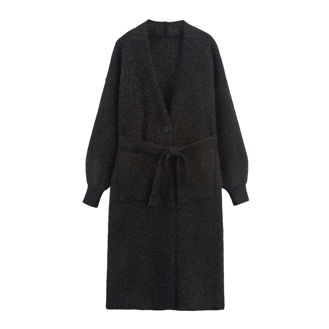 Damen Lange Strickjacke mit Bindegürtel, aufgesetzten Taschen und tiefem V-Ausschnitt Echoarchiv