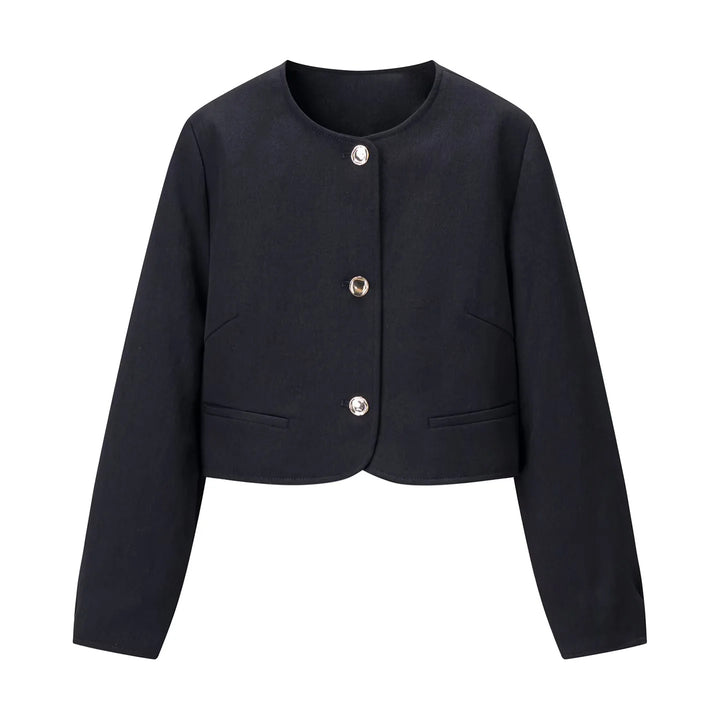 Damen taillierte Kurzjacke mit Rundhalsausschnitt dekorativen Schmuckknöpfen und Leistentaschen – Célinea