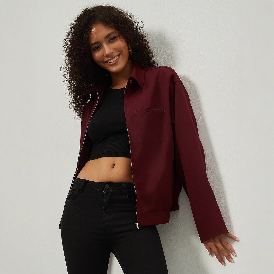 Damen Boxy Overshirt-Jacke mit Metallreißverschluss und Hemdkragen Echoarchiv