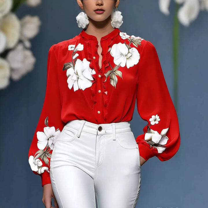 Damen Seidenbluse mit Rüschenblende und floraler Applikation – Élovi