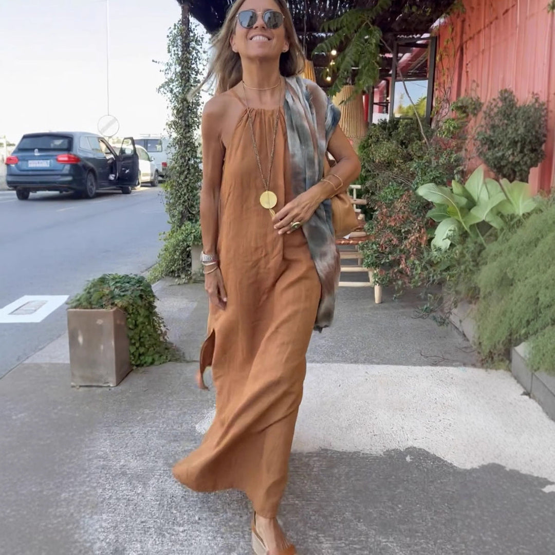 Damen Langes Leinenkleid mit schulterfreier Trägerkonstruktion und flirtendem Schlitz – Valéora