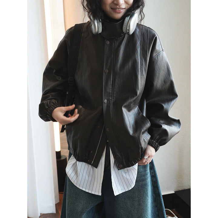 Damen Oversize-Lederimitat-Bomberjacke mit Stehkragen und elastischem Saum Echoarchiv