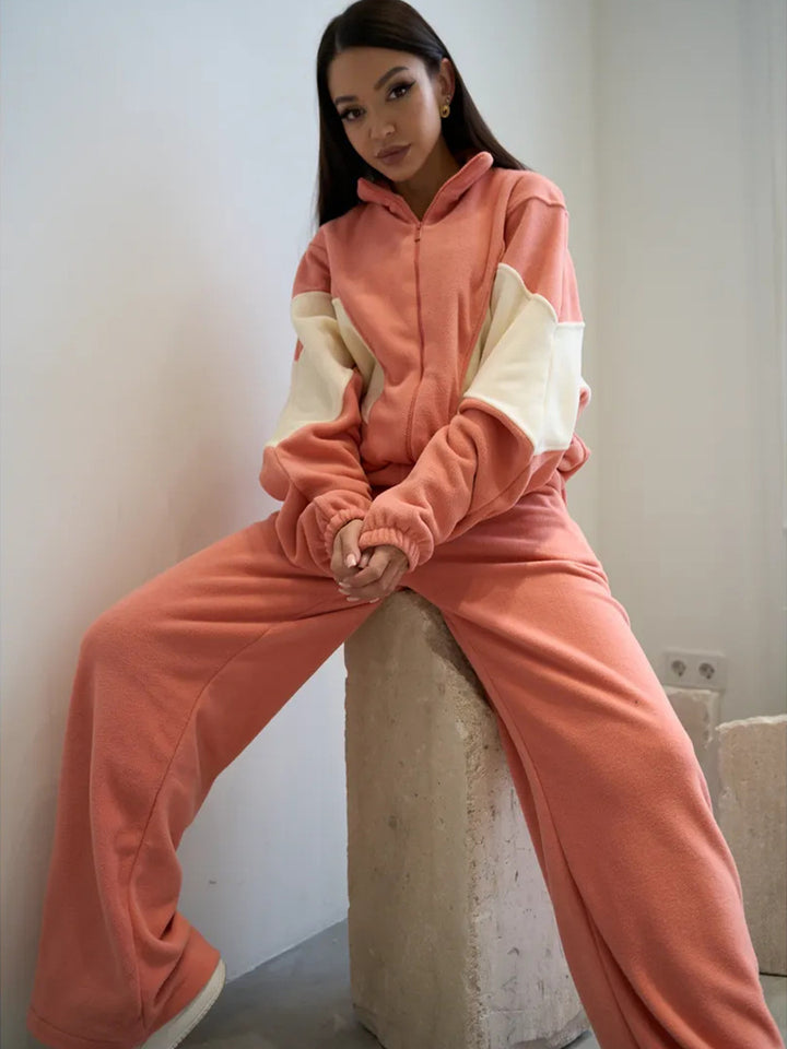 Damen Oversized Fleece-Lounge-Set mit Stehkragen, Reißverschlussjacke und weiter Palazzohose – Auréline