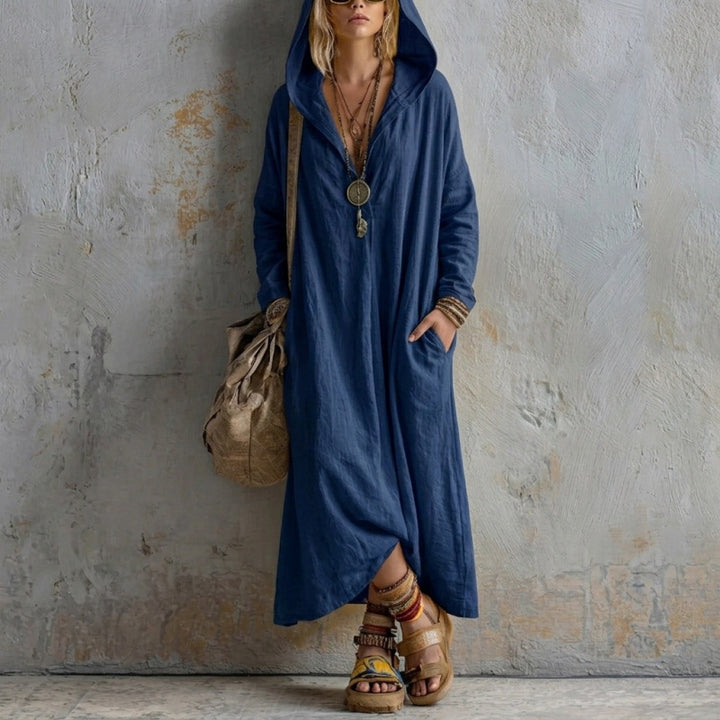 Damen Langes Kapuzenkleid im Boho-Look mit V-Ausschnitt, Eingrifftaschen und lockerem Fall Echoarchiv