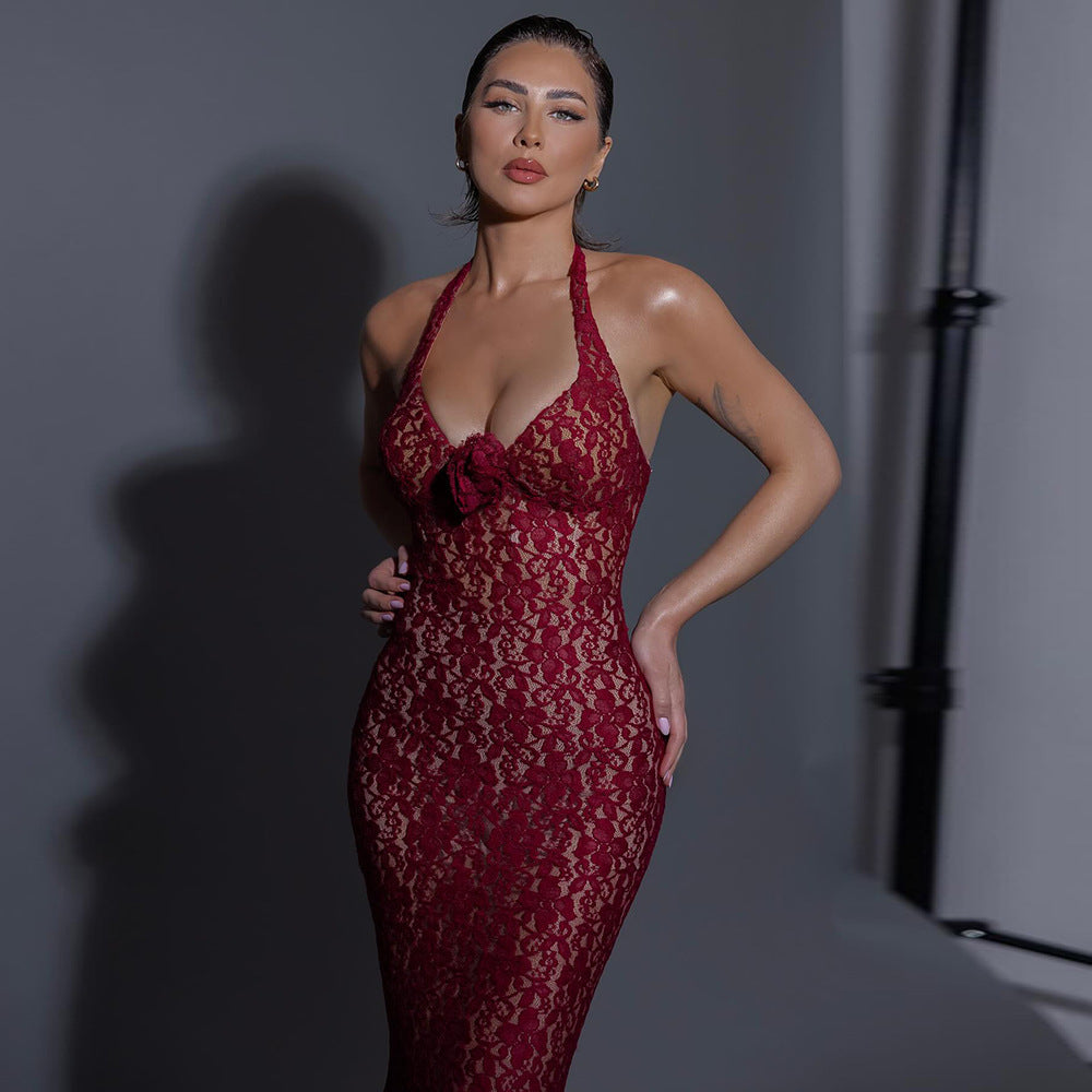 Damen Elegantes Spitzenkleid mit Langärmeln und Blumenapplikationen Echo Archiv