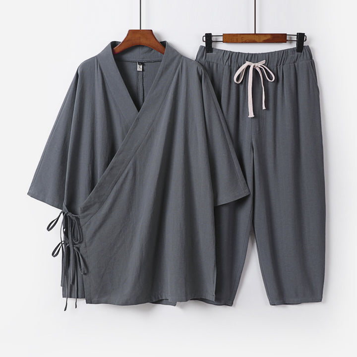 Herren Kimono-Loungewear-Set mit Wickeloberteil, Kordelbundhose und lockerer Passform Echoarchiv