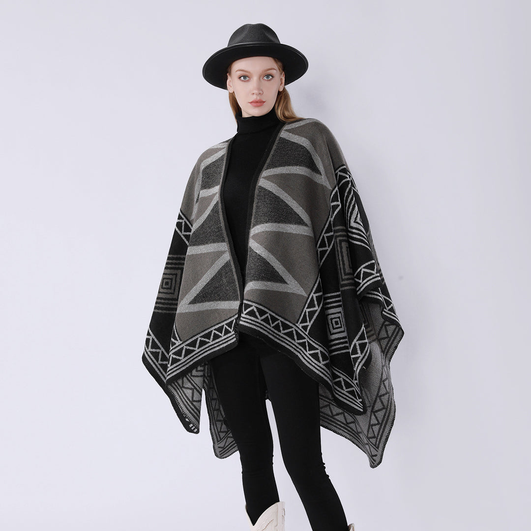 Damen Geometrischer Wollmix-Überwurfponcho mit Kettelkante Echo Archiv