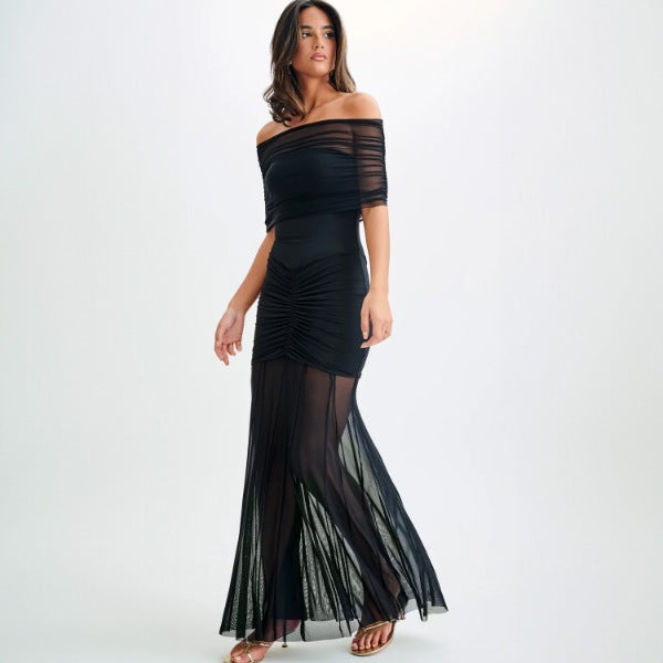Damen Elegantes Maxi-Kleid mit schulterfreiem Design und Raffungen Echo Archiv