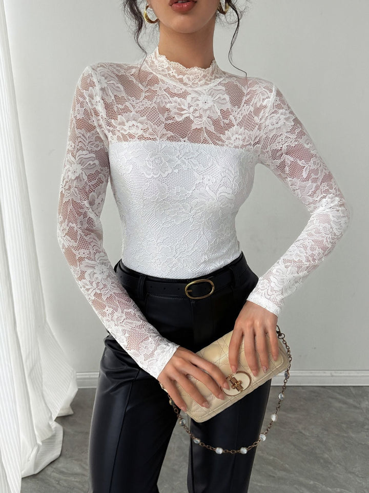 Damen Elegantes Spitzenoberteil mit hochgeschlossenem Kragen und langen Ärmeln Echoarchiv