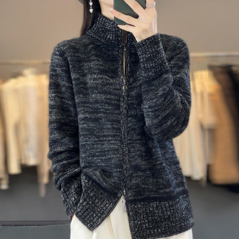Damen Reißverschluss‑Strickjacke mit melierter Struktur und Stehkragen Echoarchiv