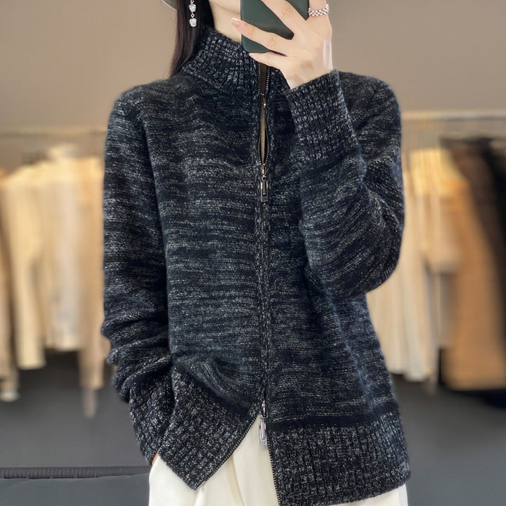 Damen Reißverschluss‑Strickjacke mit melierter Struktur und Stehkragen Echoarchiv
