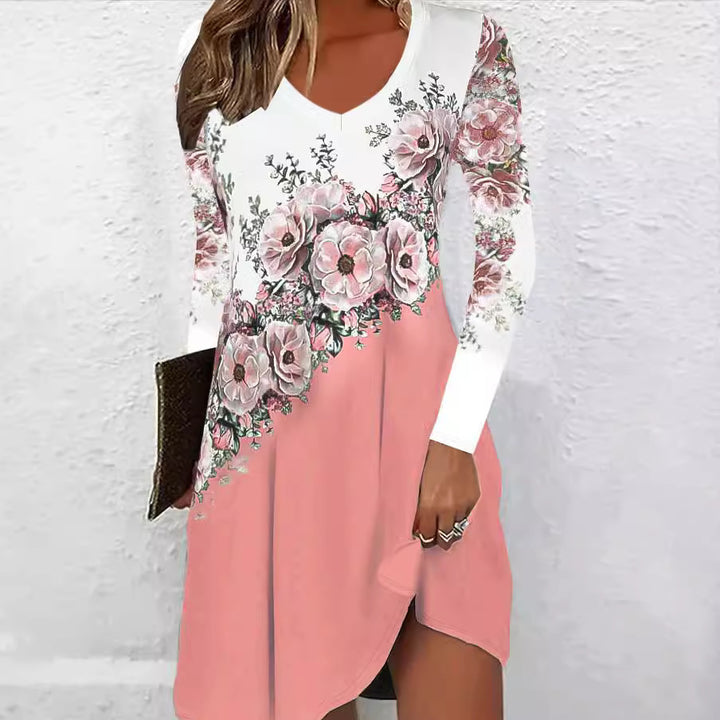 Damen Vokuhila-Kleid mit V-Ausschnitt, langen Ärmeln, floraler Diagonal-Print und seitlichem Schlitz Echoarchiv