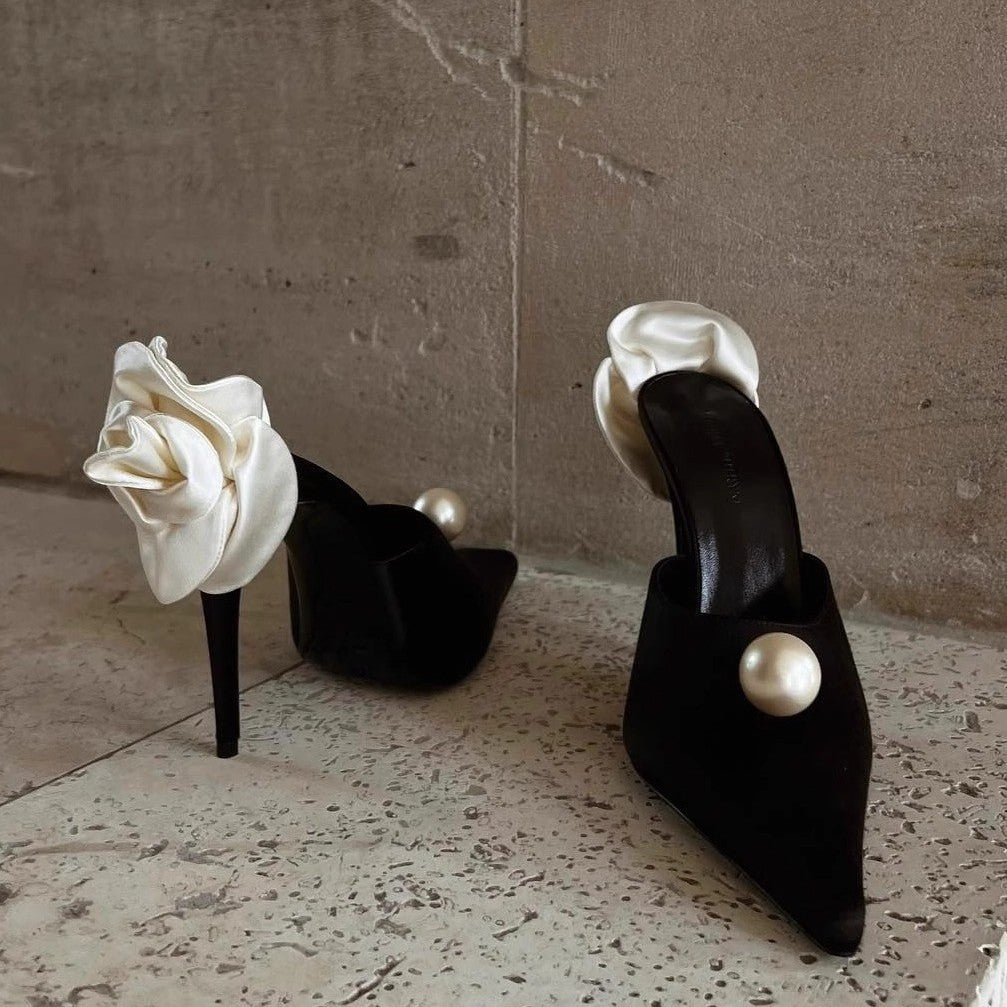 Damen spitze Satin-Flower Stiletto-Mules mit Perlenapplikation Echo Archiv