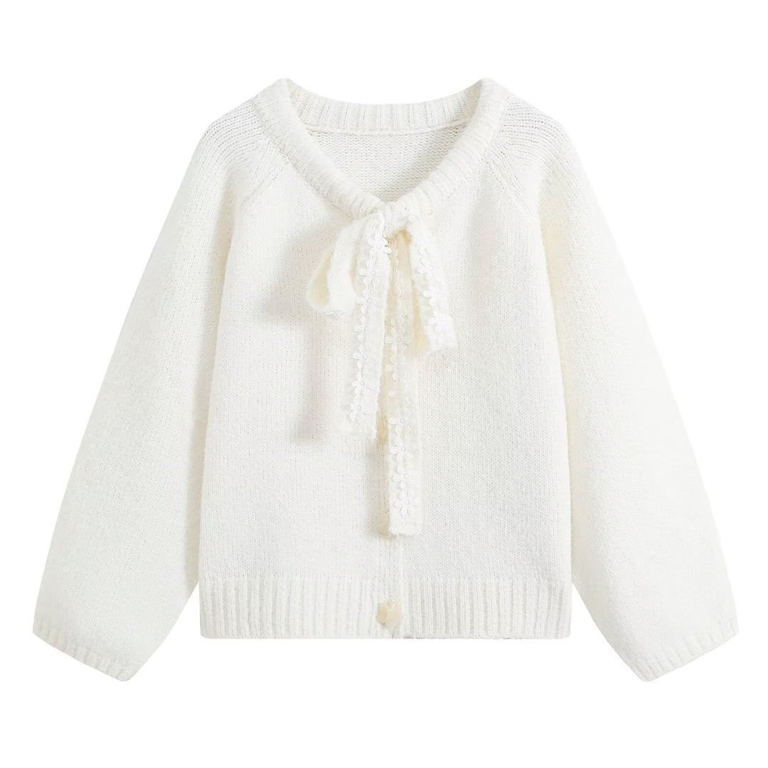 Damen Flauschige Strickjacke mit Spitzenband-Bindung Echo Archiv