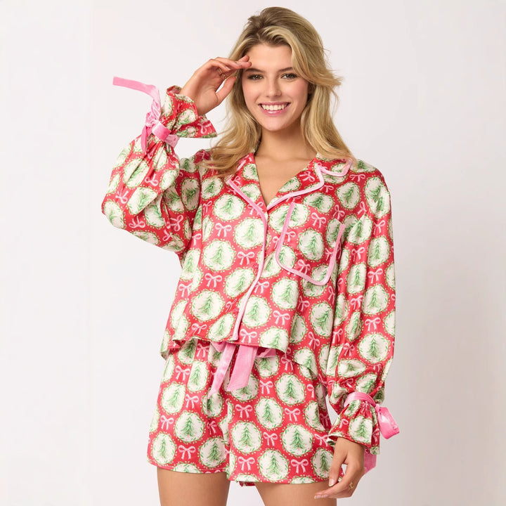 Damen nan verspieltes zweiteiliges Pyjama-Set mit Volantärmeln, Kordelzug und Brusttasche Echo Archiv
