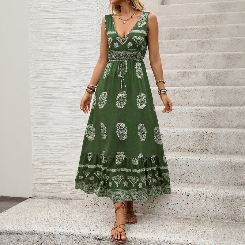 Damen Maxikleid mit V-Ausschnitt, tailliertem Bindegürtel und gestuftem Volant Saum Echoarchiv