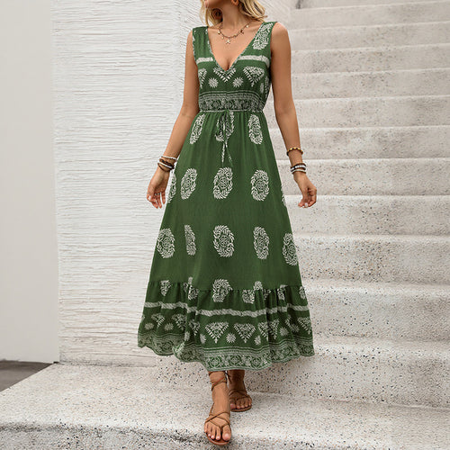 Damen Maxikleid mit V-Ausschnitt, tailliertem Bindegürtel und gestuftem Volant Saum Echoarchiv