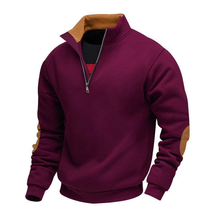Herren nan Sweatshirt mit Halb-Reißverschluss, Stehkragen und Wildleder-Ellenbogenbesatz Echo Archiv
