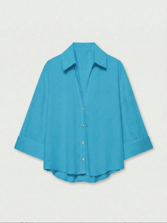 Damen Leichte Oversize Leinenoptik Bluse mit Dreiviertelärmeln und durchgehender Knopfleiste Echoarchiv