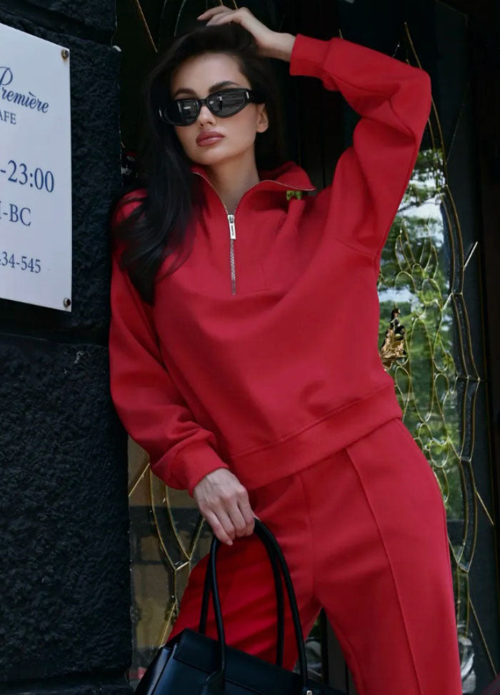Damen Oversize-Halbreißverschluss-Sweatshirt mit weit geschnittener hochgeschnittener Palazzo-Hose – Élanora