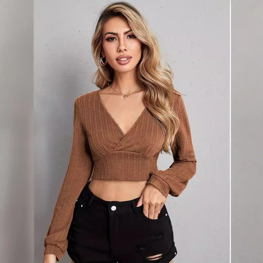 Damen Geripptes Cropped Wickel-Strickoberteil mit V‑Ausschnitt Echoarchiv