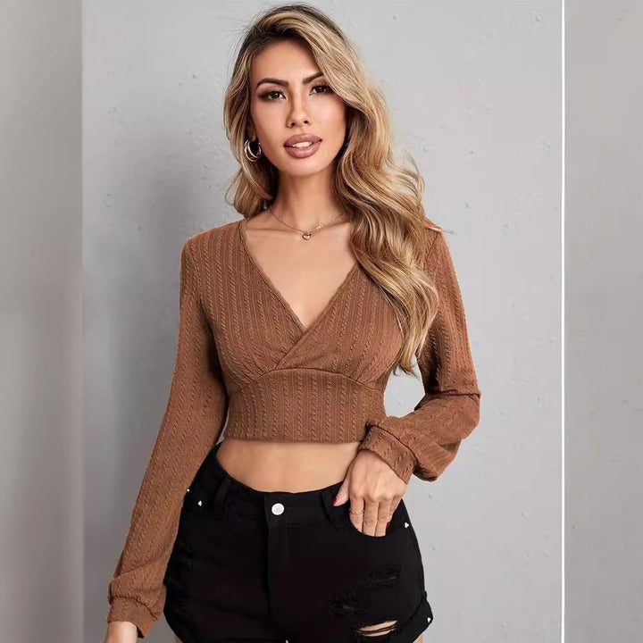 Damen Geripptes Cropped Wickel-Strickoberteil mit V‑Ausschnitt Echoarchiv