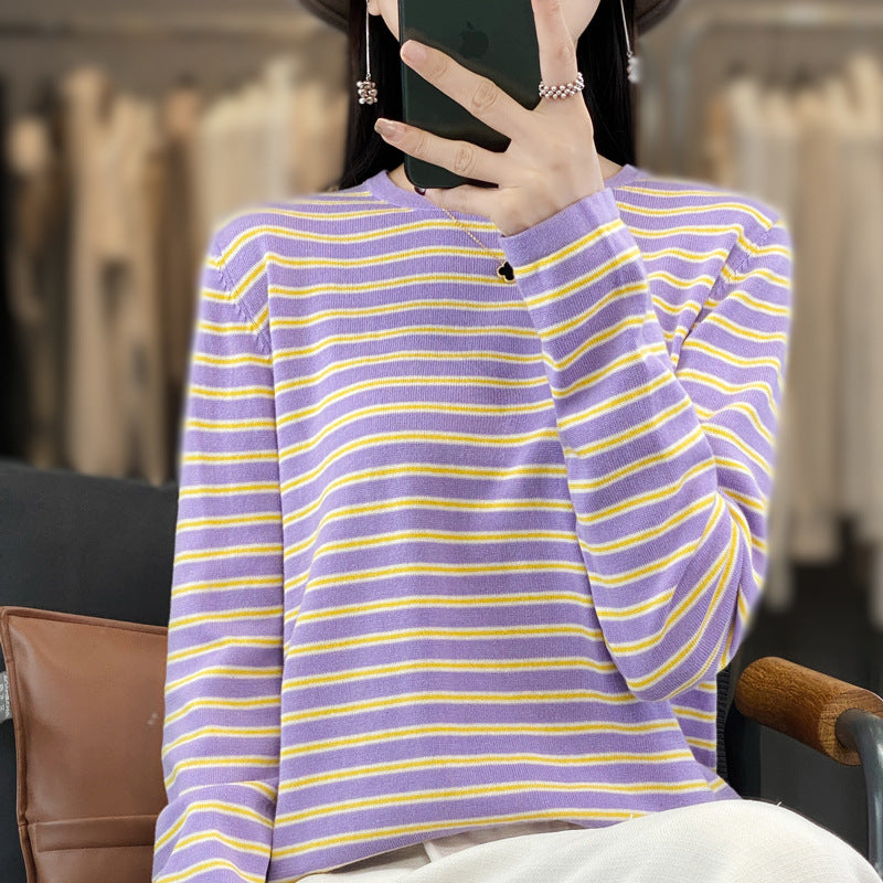 Damen Leichter Baumwollmix-Streifenpullover mit Rundhals, Raglanärmeln und lässiger Silhouette Echoarchiv