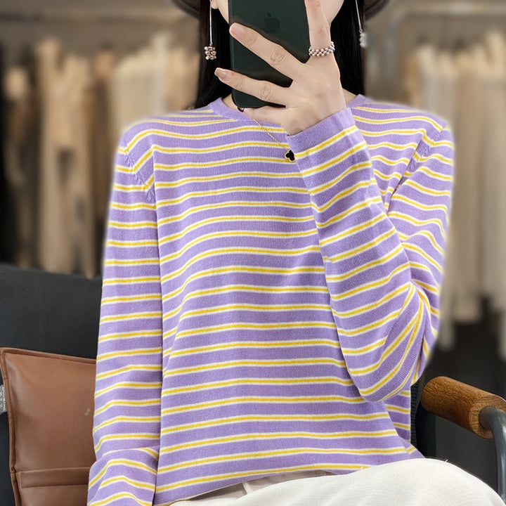 Damen Leichter Baumwollmix-Streifenpullover mit Rundhals, Raglanärmeln und lässiger Silhouette Echoarchiv