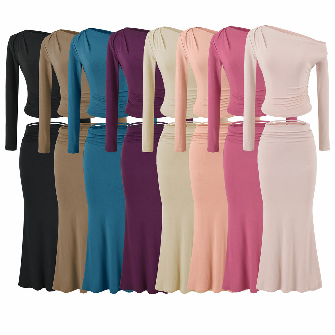 Damen Einschultriges zweiteiliges Set mit gerafftem Crop-Top und tailliertem Maxirock Echoarchiv