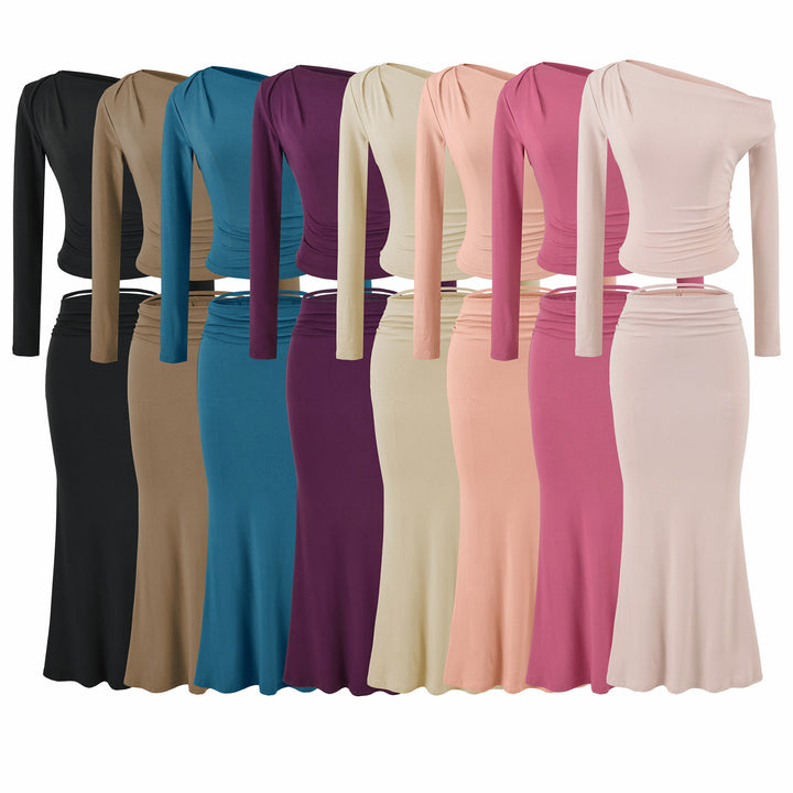 Damen Einschultriges zweiteiliges Set mit gerafftem Crop-Top und tailliertem Maxirock Echoarchiv