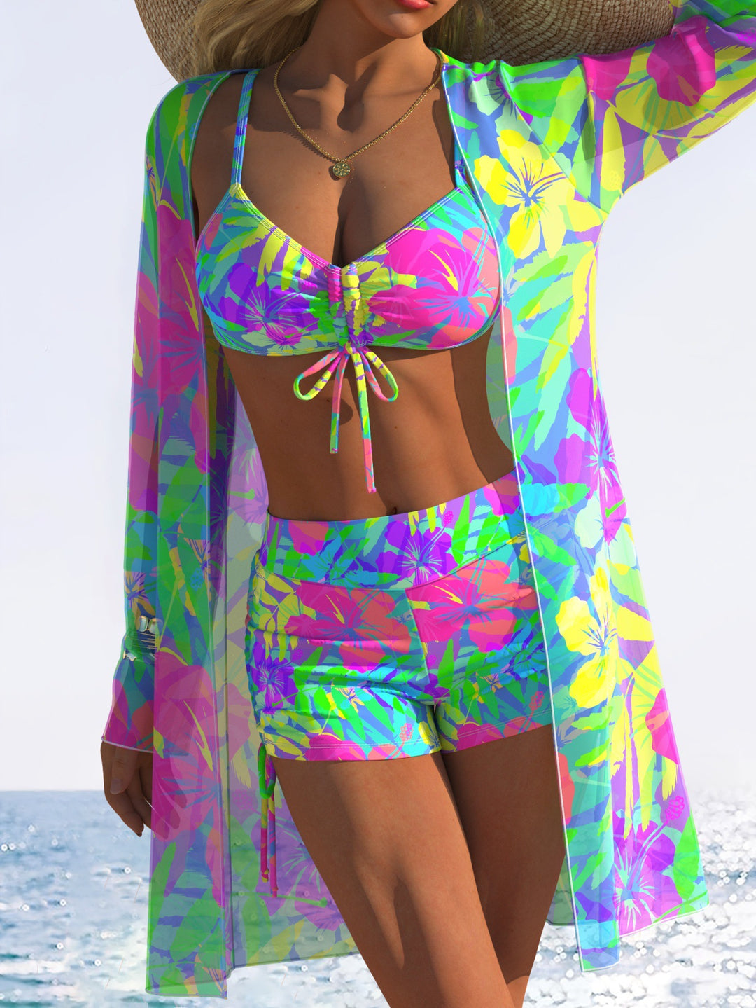 Damen Bikiniset mit floralem Design und schwingendem Kimono Echo Archiv
