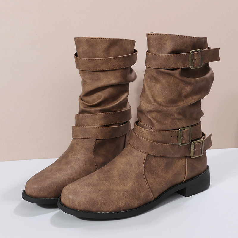 Damen nan lässige knöchelhohe Stiefelette mit gerafftem Schaft, dekorativen Schnallenriemen und flexibler Profilsohle Echo Archiv