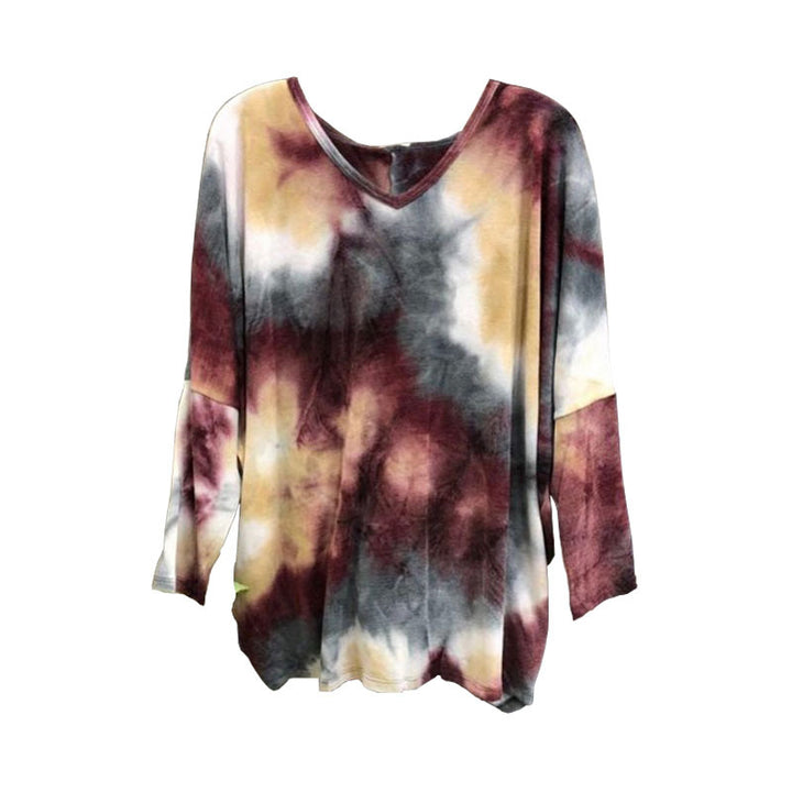 Damen Weiches V-Ausschnitt Longshirt im Aquarell-Batik mit geschwungenem Saum – Avérine