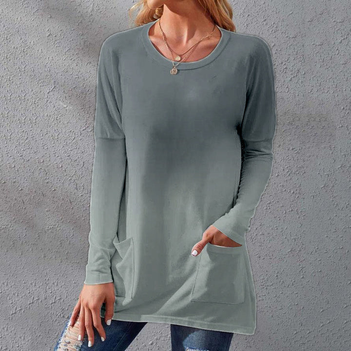 Damen Lange Ombre Tunika Bluse mit Rundhalsausschnitt und Eingrifftaschen – Élovi