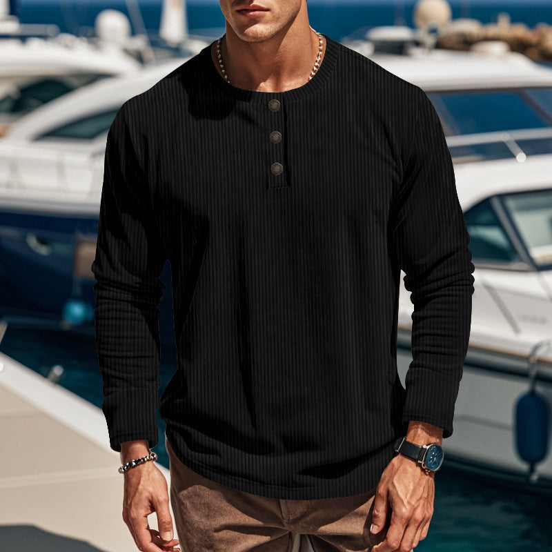 Herren nan geripptes Langarm-Henleyshirt mit Stehkragen und verdeckter Knopfleiste aus atmungsaktivem Jersey Echo Archiv